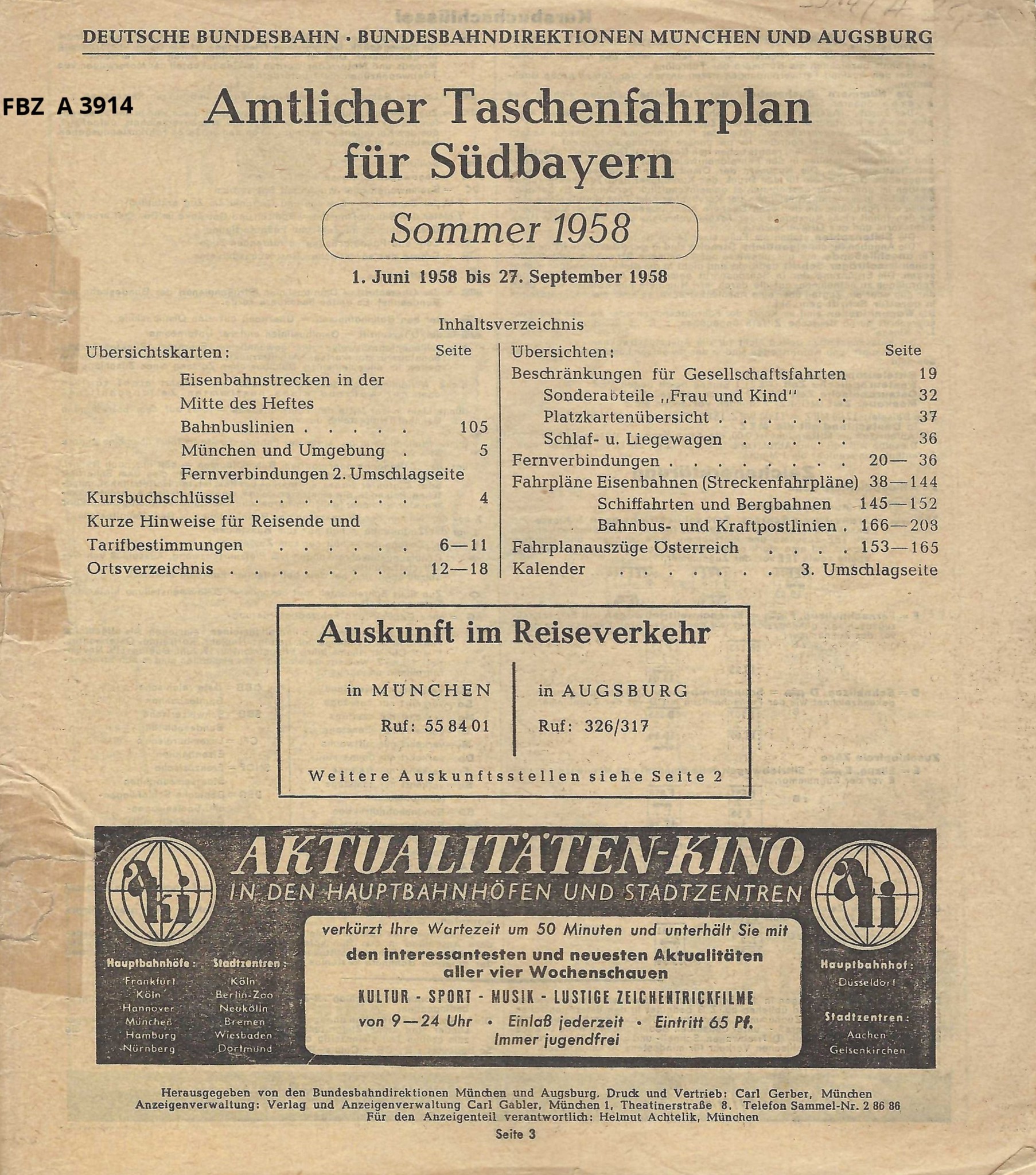 Bild von Amtlicher Taschenfahrplan für Südbayern - Sommer 1958