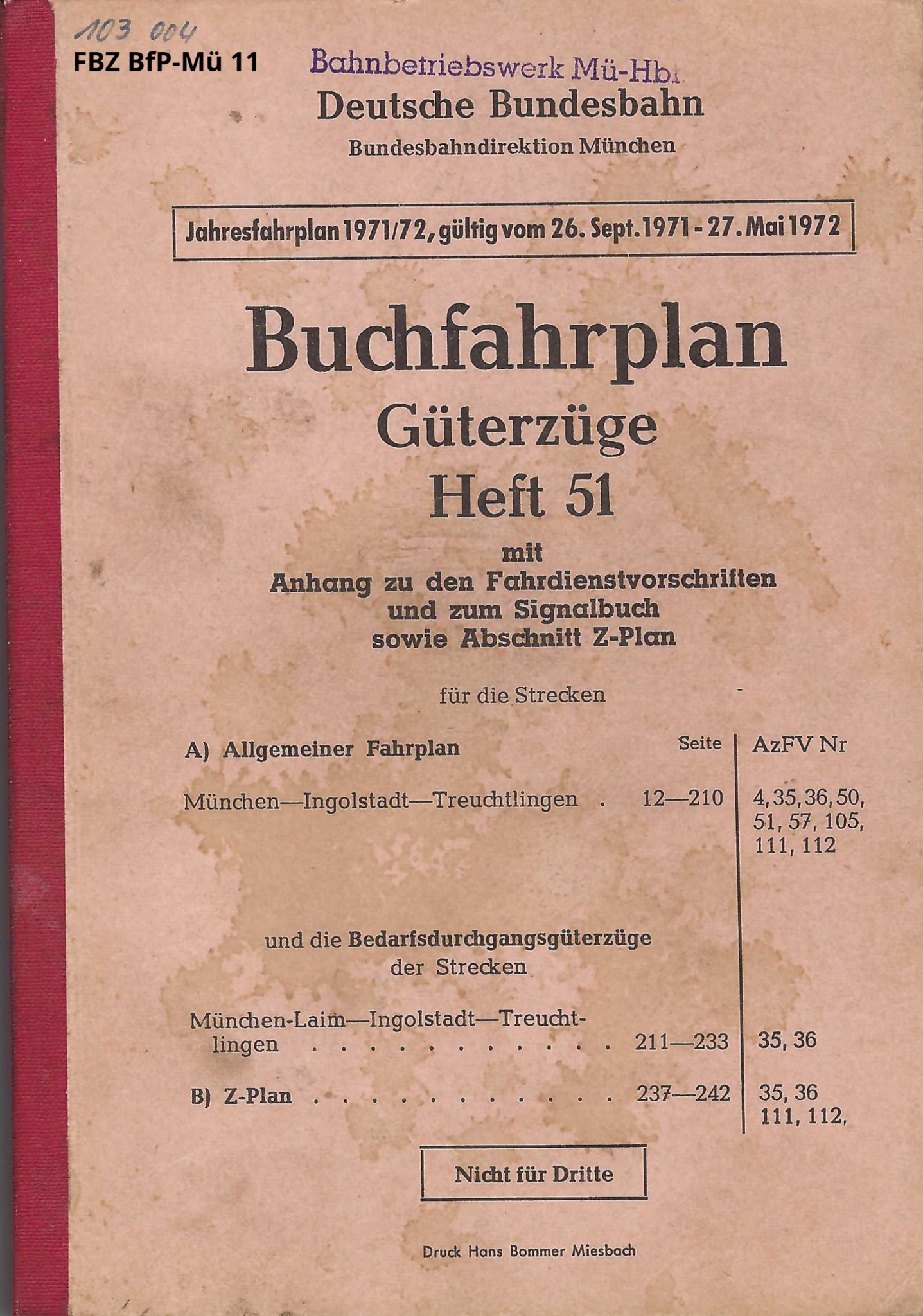 Bild von Buchfahrplan Güterzüge Heft 51 - 1971/72 BD München