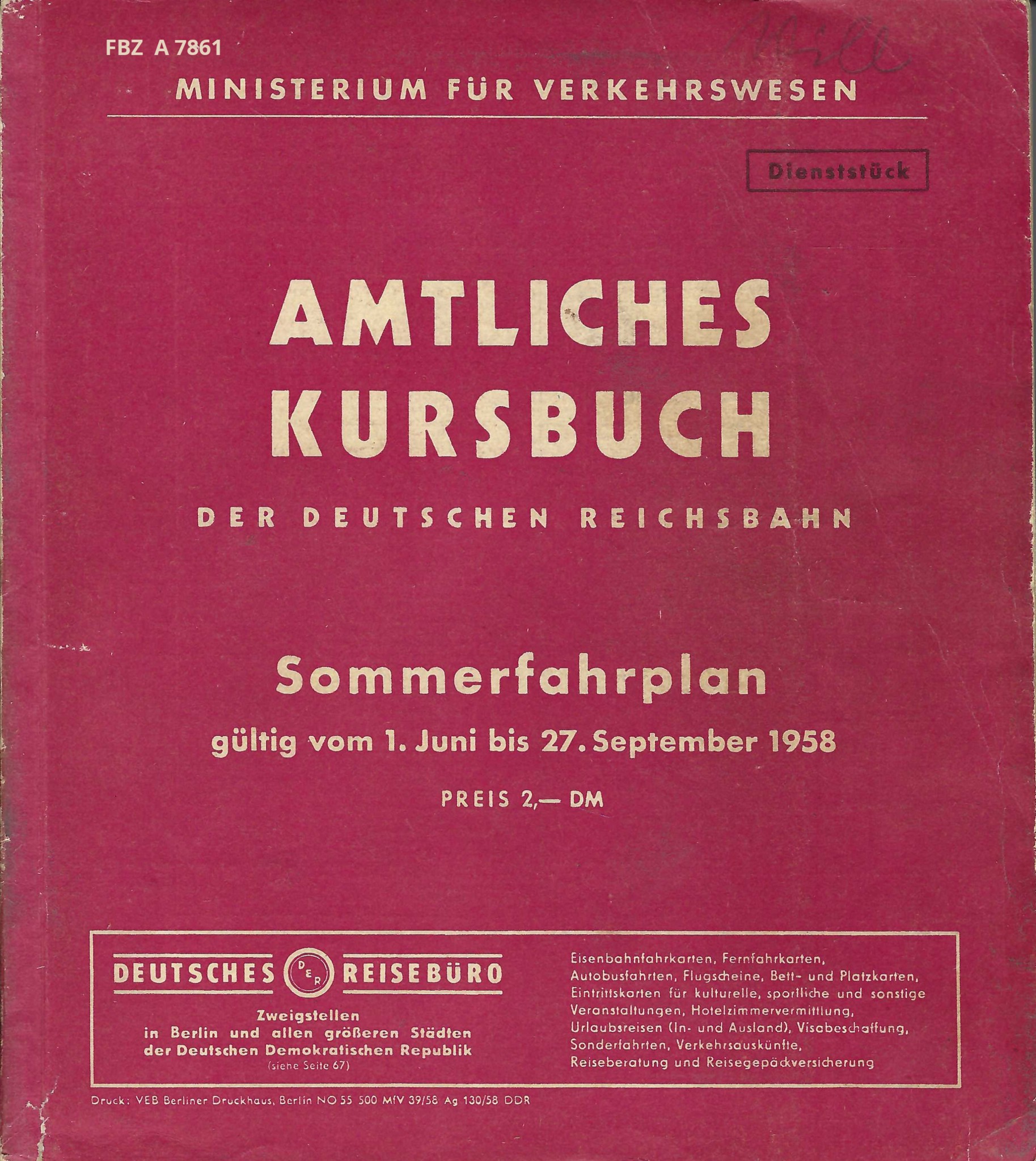Bild von Amtliches Kursbuch der Deutschen Reichsbahn - Sommerfahrplan 1958
